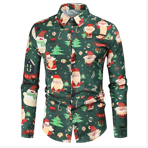 

Men's Christmas Shirt Graphic Long Sleeve Tops Casual Fashion Button Down Collar Green