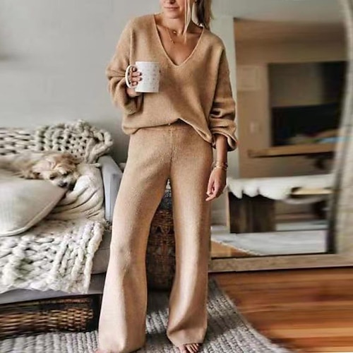 

Women's Plus Size Loungewear Sets Sweatsuit 2 Pieces Pure Color Warm Fashion Simple Home Street Daily Polyester V Wire Long Sleeve Pullover Pant Winter Fall Black Light Brown