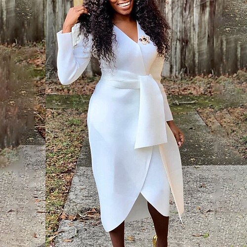 

Women's Sheath Dress Midi Dress White Long Sleeve Pure Color Lace up Winter Fall Autumn V Neck Winter Dress Fall Dress S M L XL XXL