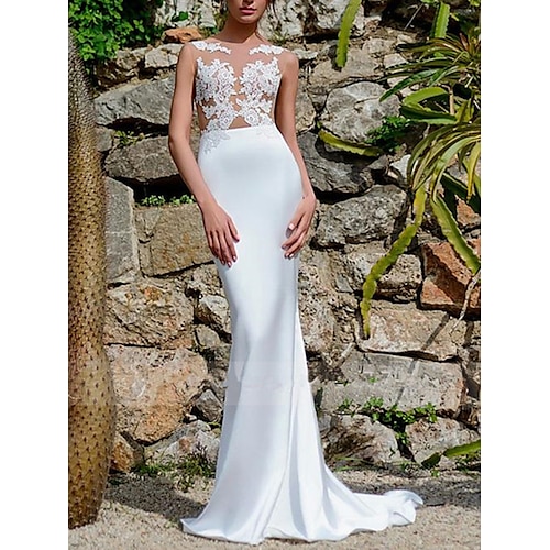 

Mermaid / Trumpet Wedding Dresses Jewel Neck Court Train Lace Satin Sleeveless Romantic Sexy See-Through with Appliques 2022