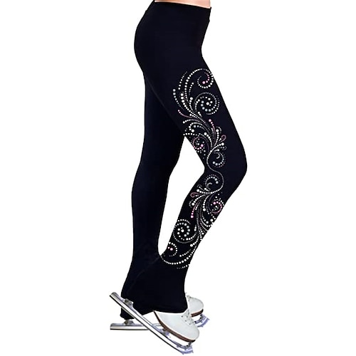 

Figure Skating Pants Women's Girls' Ice Skating Tights Leggings Outfits Black Flower Fleece Spandex High Elasticity Training Practice Competition Skating Wear Thermal Warm Handmade Crystal