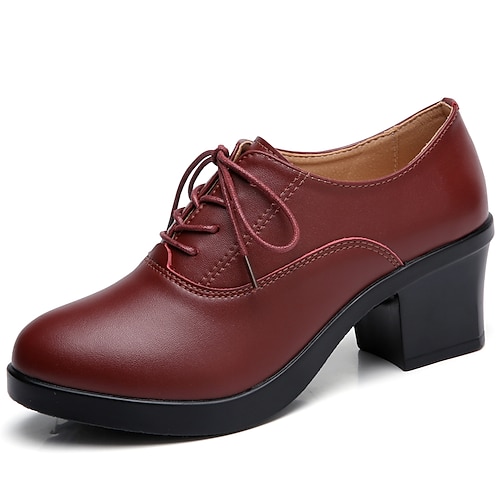 

Women's Oxfords Office Daily Chunky Heel Round Toe PU Lace-up Solid Colored Black Burgundy