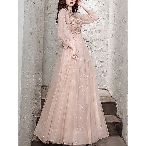 

A-Line Sparkle Princess Prom Formal Evening Dress Jewel Neck Long Sleeve Floor Length Tulle with Pleats Beading Sequin 2022