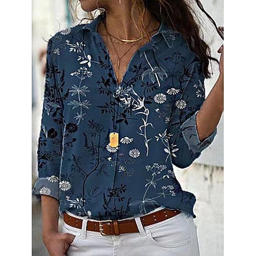 

Women's Floral Theme Blouse Shirt Floral Graphic Geometric Print Shirt Collar Basic Ethnic Vintage Tops White Khaki Dusty Blue