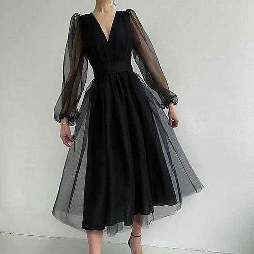 

Women's A Line Dress Midi Dress Black Pink Wine Beige Long Sleeve Pure Color Ruched Mesh Fall Winter V Neck Party Elegant Romantic Loose Mesh S M L XL