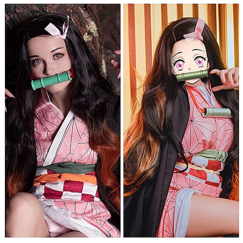  Kamado Nezuko Cosplay Wig for Demon Slayer, Anime Wig,  Wig Character Wig for Women and Girls, Long Wavy Wig (Black & Orange) Halloween Wigs