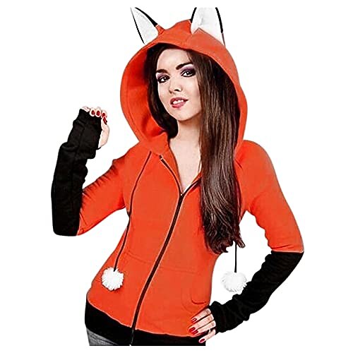 

cute cat ear hoodies bandage shoulders tops for women long sleeve zip-up pullover solid color sweatshirt with pockets (01 orange, xxl)