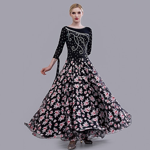 

Ballroom Dance Dress Printing Crystals / Rhinestones Women's Training Performance Long Sleeve Chiffon Ice Silk