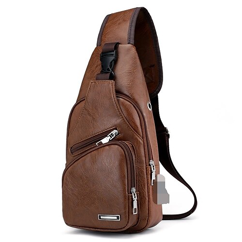 

Men's Sling Shoulder Bag Chest Bag PU Leather Outdoor Daily Zipper Waterproof Solid Color Dark Brown Black Brown