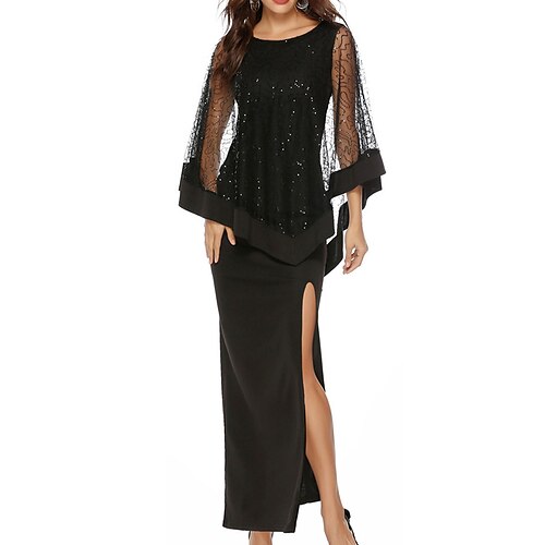 

vestido de fiesta de mujer vestido de lentejuelas vestido de una línea vestido largo maxi vestido negro manga larga lentejuelas de color puro otoño cuello redondo elegante fiesta vestido de invierno