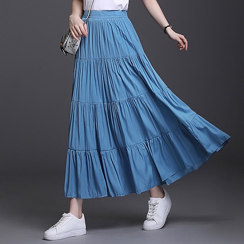 

Women's Skirt Swing Maxi Polyester Green Blue Beige Black Skirts Summer Ruched Ruffle Lined Streetwear Holiday Weekend One-Size / Loose Fit