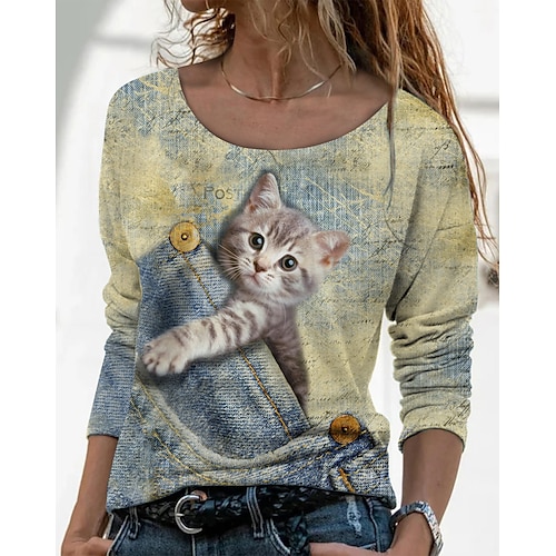 

Women's T shirt Tee Yellow Graphic Animal Print Long Sleeve Daily Weekend Basic Cute Round Neck Regular 3D Cat Painting S / 3D Print