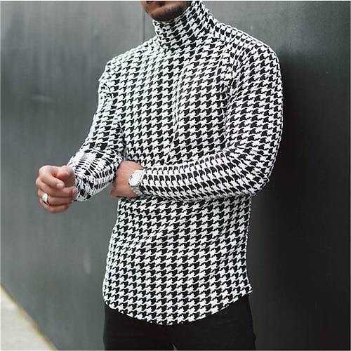 

Men's T shirt Tee Turtleneck shirt Plaid Houndstooth Rolled collar Classic Collar Casual Holiday Long Sleeve Clothing Apparel Lightweight Muscle Slim Fit Essential