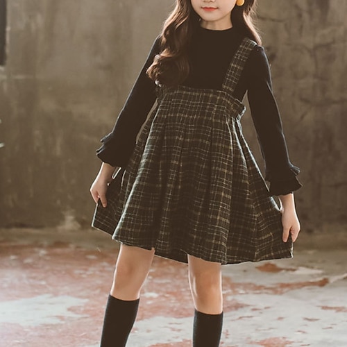 

2 Pieces Kids Girls' Clothing Set Outfit Graphic Plaid Stripe Long Sleeve Ruched Cotton Set Outdoor Basic Sweet Winter Fall 3-10 Years Green Black Yellow