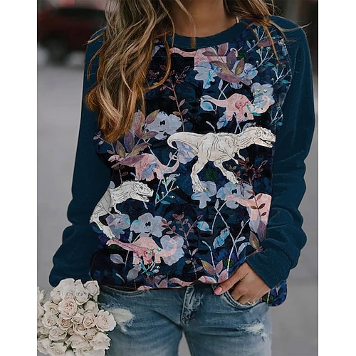 

Women's Pullover Party Sportswear Ethnic Patchwork Print Navy Blue Dinosaur Loose Fit Party Round Neck Long Sleeve S M L XL XXL