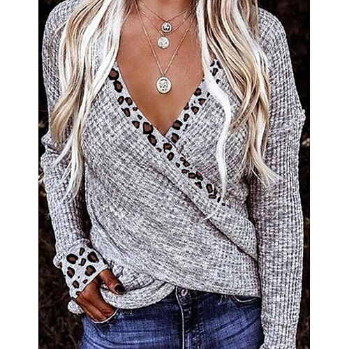 

Dame Pullover genser Omslagsgenser Jumper Heklet Strikke Kryss Strikket Helfarge V-hals Stilfull Fritid Daglig Ferie Vinter Høst lysegrå Grå S M L / Langermet / Leopard / Normal