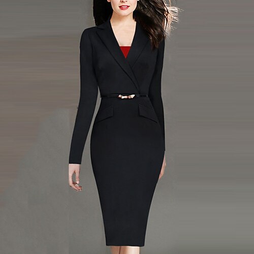 

Damen blazerkleid Etuikleid Knielanges Kleid Schwarz Blau Langarm Einfarbig Rüschen Herbst Winter V Ausschnitt Büro winterkleider damen herbstkleider 2023 S M L XL XXL