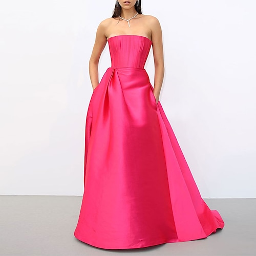 

A-Line Evening Dresses Celebrity Style Dress Engagement Floor Length Sleeveless Strapless Satin with Sleek 2022 / Formal Evening