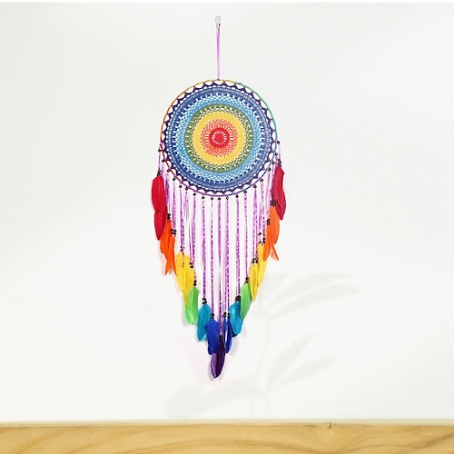 

Colorful Dream Catcher Handmade Gift with One Circle Feather Wall Hanging Decor Art Wind Chimes Boho Style Home Pendant 40cm/16''