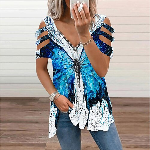 

Women's Blouse Shirt Eyelet top Royal Blue Light Blue Gray Animal Butterfly Zipper Cut Out Short Sleeve Daily Weekend Basic Streetwear V Neck Regular Butterfly S / Print