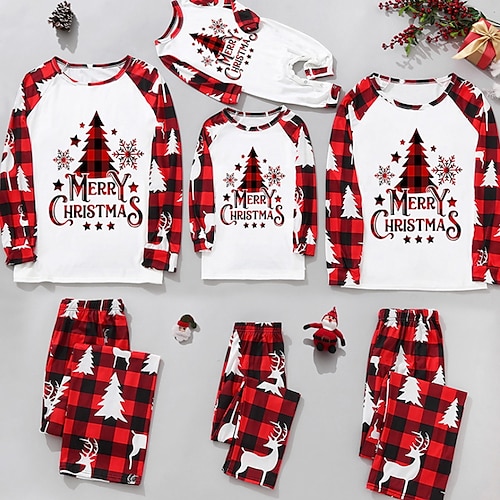 

Christmas Pajamas Ugly Family Cotton Plaid Christmas Tree Letter Print Red Long Sleeve Mom Dad and Me Basic Mommy and Me Pajama Set Matching Outfits