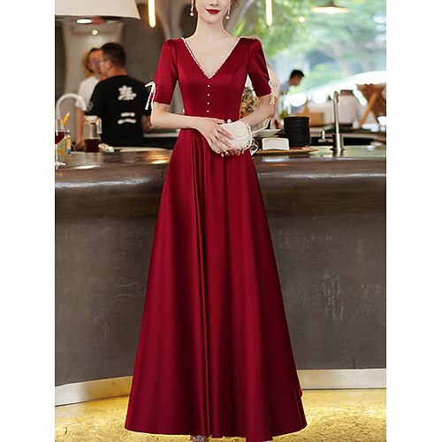 

A-Line Elegant Vintage Prom Formal Evening Dress V Neck Short Sleeve Ankle Length Satin with Bow(s) Beading 2022