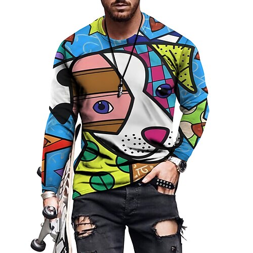 

Hombre Camiseta Graphic Geometría Cuello Barco Azul Piscina Naranja Blanco Impresión 3D Exterior Casual Manga Larga Estampado Ropa Ropa de calle Casual Grande y alto