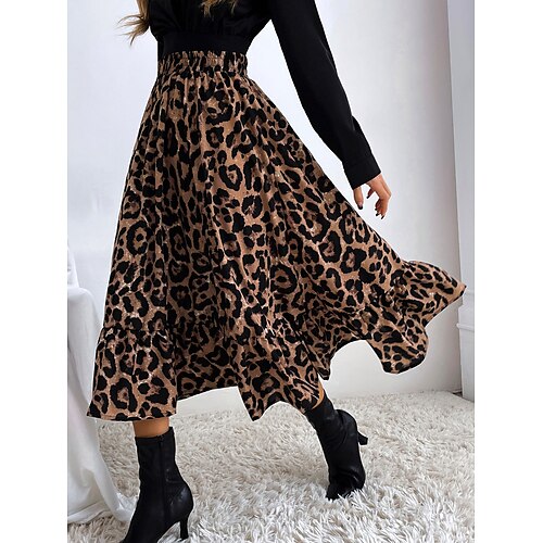 

Women's Flare Skirt & Dress Maxi Polyester Spandex Brown Skirts Spring, Fall, Winter, Summer Print Vintage Punk & Gothic Party Evening Prom S M L