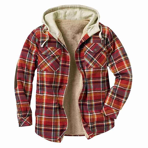 

Men's Coat Fleece Lining With Pockets Daily Wear Vacation Going out Single Breasted Hoodie Streetwear Casual Daily Outdoor Jacket Outerwear Plaid Pocket Fleece Print Red