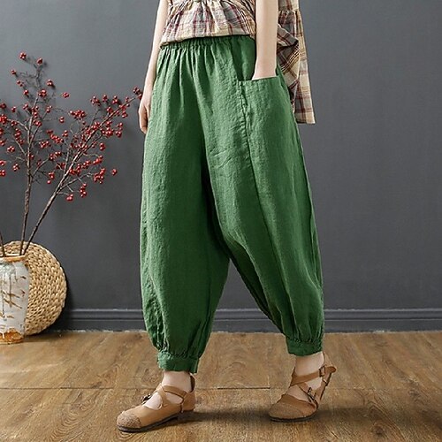 

Women's Chinos Pants Trousers Bloomers Cotton And Linen Green Blue Beige Mid Waist Fashion Oversized Casual Weekend Pocket Ankle-Length Comfort Plain M L XL XXL / Loose Fit