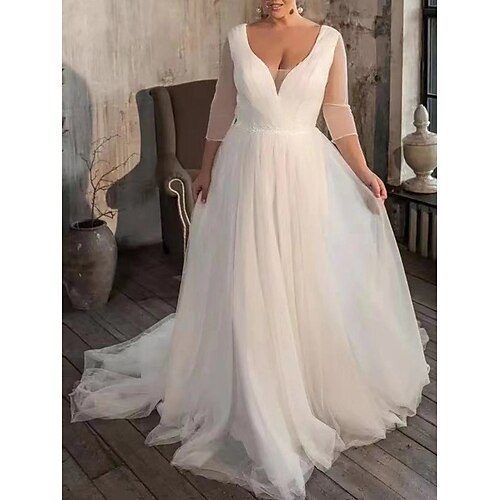 

A-Line Wedding Dresses V Neck Court Train Satin Tulle Half Sleeve Simple Plus Size with Sashes / Ribbons 2022