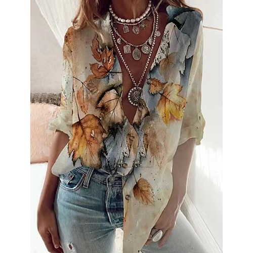 

Women's Blouse Shirt Khaki Leaves Long Sleeve Standing Collar Regular S