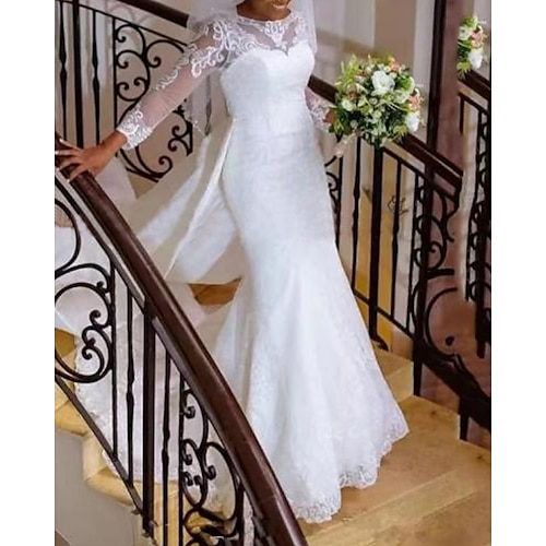 

A-Line Wedding Dresses Jewel Neck Sweep / Brush Train Lace Tulle Long Sleeve Formal Romantic Luxurious with Appliques 2022