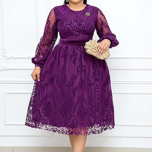 

Women's Plus Size Party Dress Solid Color Crew Neck Lace Long Sleeve Fall Winter Casual Prom Dress Midi Dress Daily Vacation Dress / Homecoming Dress / Print