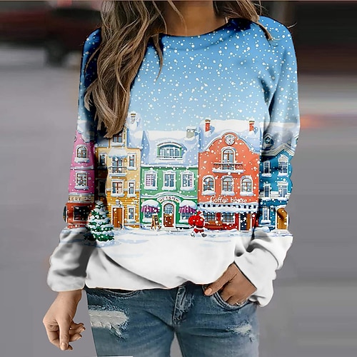 

Women's Sweatshirt Pullover Active Streetwear Christmas Print Blue 3D Landscape Christmas Gifts Round Neck Long Sleeve