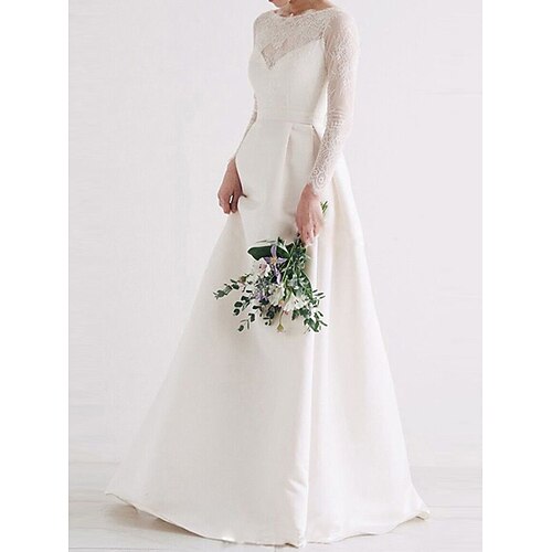 

A-Line Wedding Dresses Jewel Neck Floor Length Lace Satin Long Sleeve Country Romantic with Appliques 2022