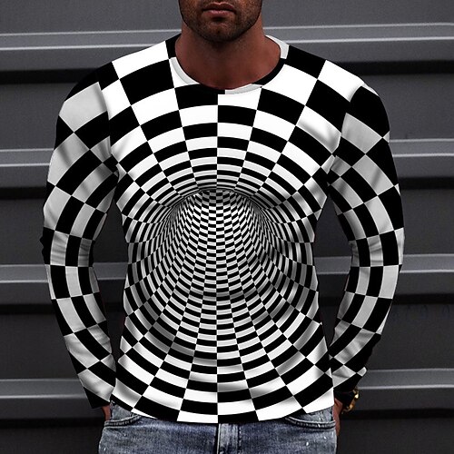 

Men's T shirt Tee Optical Illusion Crew Neck Black 3D Print Outdoor Street Long Sleeve Print Clothing Apparel Sports Fashion Sportswear Casual