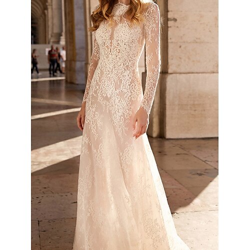 

A-Line Wedding Dresses Jewel Neck Court Train Lace Tulle Long Sleeve Country Romantic Sexy with Appliques 2022