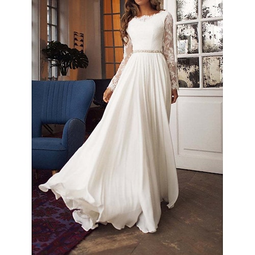 

A-Line Wedding Dresses Jewel Neck Sweep / Brush Train Chiffon Lace Long Sleeve Beach Sexy with Sashes / Ribbons Bow(s) Appliques 2022