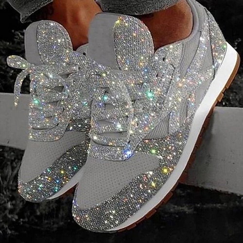 Women Running Sneakers Sports Outdoors Shoes Sequins Bling Shoes Hemlock Teen Lace Up Flat Shoes 