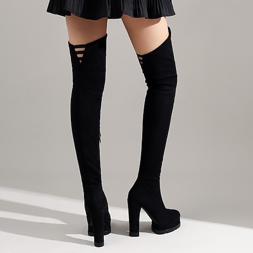 

Women's Boots Over The Knee Boots Chunky Heel Round Toe Daily Work Rubber PU Zipper Solid Colored Wine Black / Red Almond