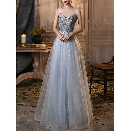 

A-Line Sparkle Elegant Prom Formal Evening Dress V Neck Sleeveless Floor Length Tulle with Pleats Beading 2022