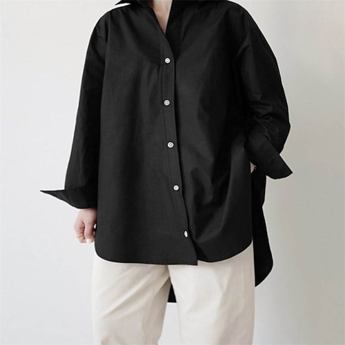 

Mulheres Camisa Social Blusa Preto Branco Azul Tecido Botão Manga Longa Trabalho Diário Básico Roupa de rua Colarinho de Camisa Padrão L