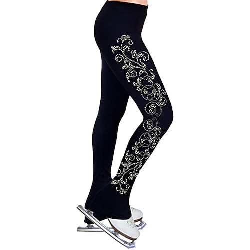

Figure Skating Pants Women's Girls' Ice Skating Tights Leggings Outfits Black Flower Fleece Spandex High Elasticity Training Practice Competition Skating Wear Thermal Warm Handmade Crystal