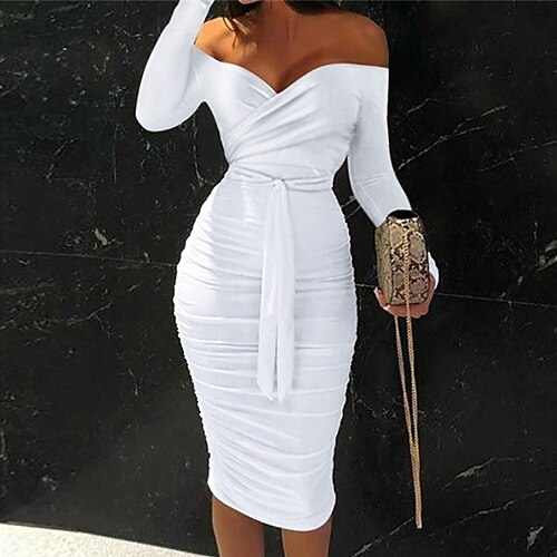 

Women's Work Dress Sheath Dress Knee Length Dress White Red Long Sleeve Pure Color Backless Lace up Patchwork Fall Winter Off Shoulder Work Elegant Sexy 2022 S M L XL / Print