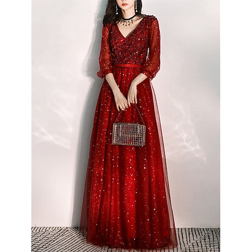 

A-Line Mother of the Bride Dress Elegant Sparkle & Shine V Neck Floor Length Tulle 3/4 Length Sleeve with Sequin Appliques 2022