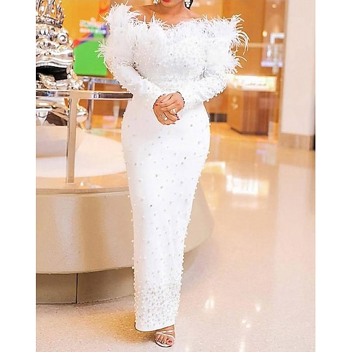 

Sheath / Column Wedding Dresses Off Shoulder Ankle Length Stretch Fabric Long Sleeve Luxurious with Feathers / Fur Pearls Crystals 2022