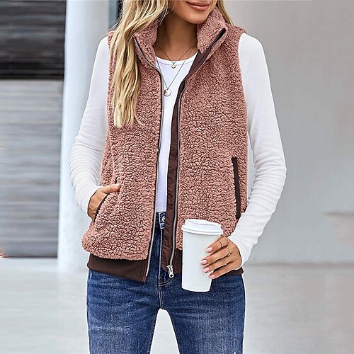 

Women's Vest Teddy Coat Sherpa jacket Fleece Jacket Street Daily Going out Fall Winter Regular Coat Regular Fit Warm Breathable Casual Jacket Long Sleeve Solid Color Fur Trim Pocket Black Blue Gray