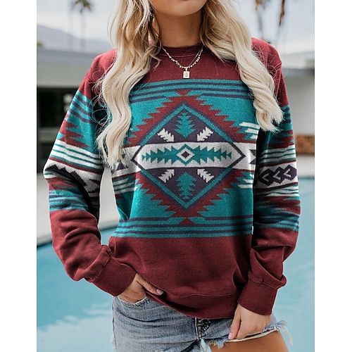 

Women's Pullover Sportswear Ethnic Casual Patchwork Print Wine Red Plaid Checkered Tribal Brown Party Round Neck Long Sleeve S M L XL XXL