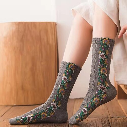 

Women's 4 Pairs Socks Casual Socks Fashion Comfort Cotton Floral Casual Daily Indoor Warm Winter Fall Black Orange Red